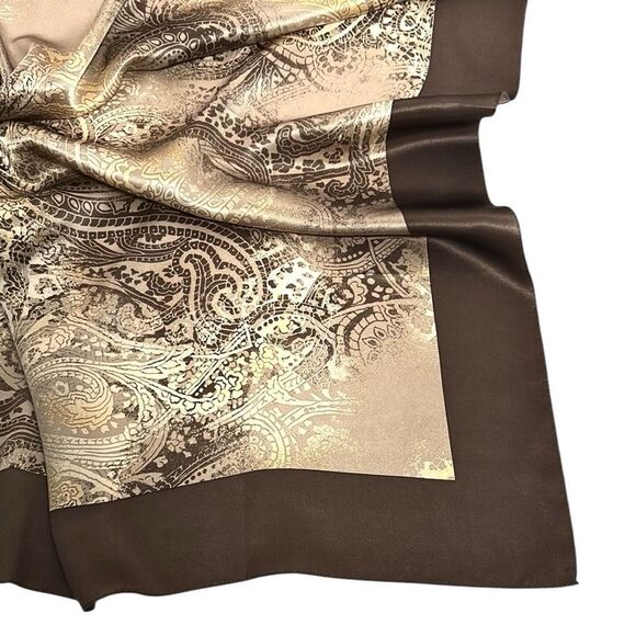 YONG DOO YEUL Korea Silk Scarf Cocoa Tan Colors Paisley Print 35x35” - Picture 8 of 11